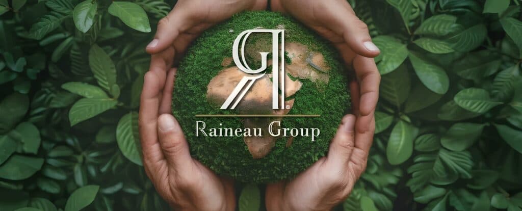 Des mains entourent une planète végétalisée portant le logo du Groupe Raineau