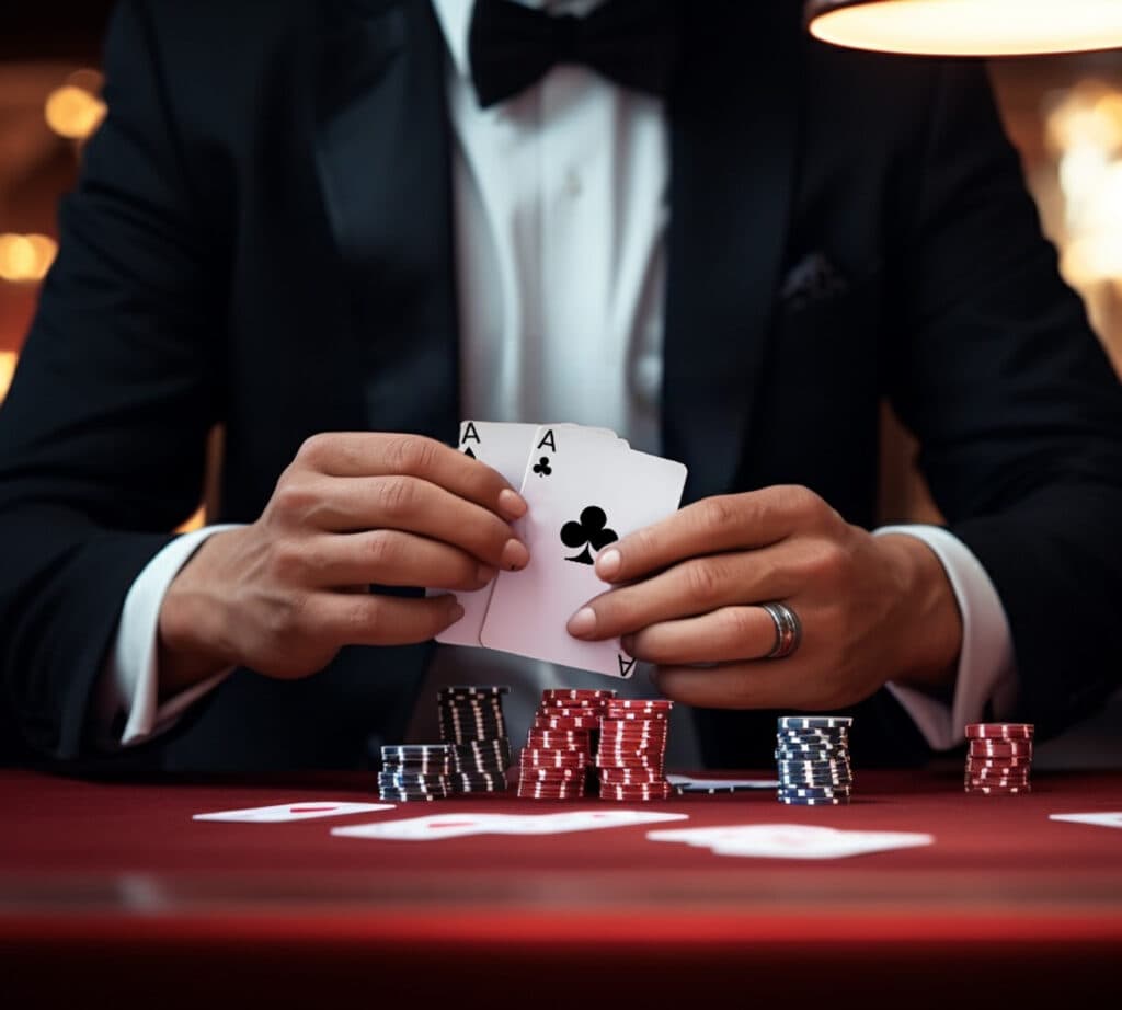 Joueur observant ses cartes à une table de poker